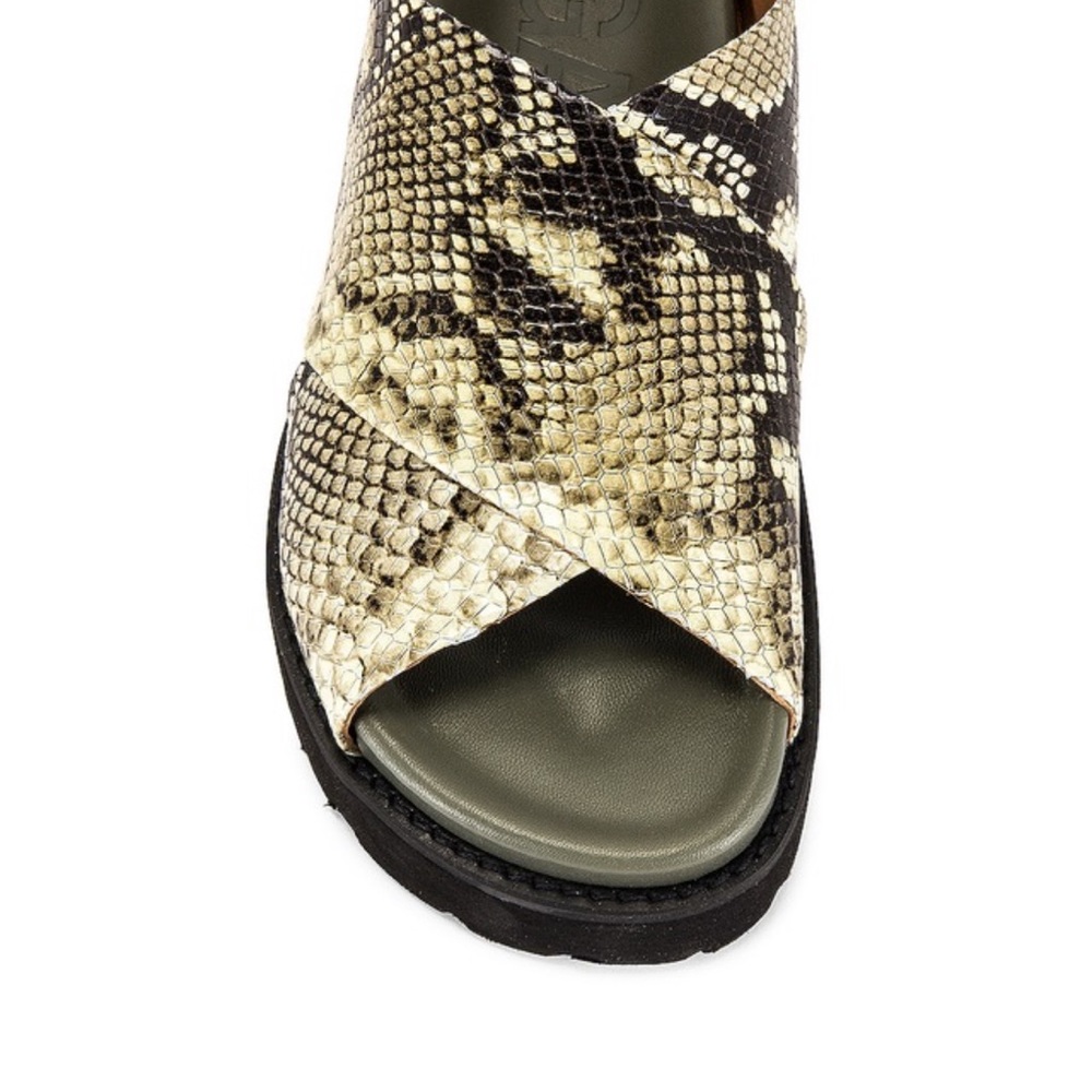 Ganni Snake-Print Crossband Sandals in Beige and Black